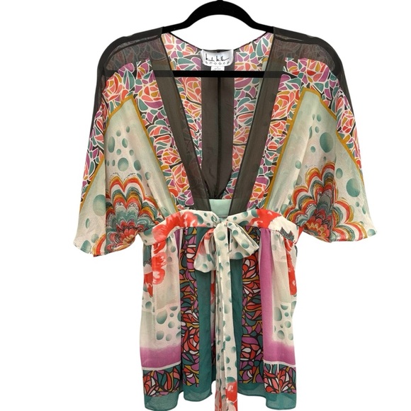 Vintage Nicole Miller Silk Chiffon Kimono Top Sheer Floral Tie Front Size Small - Picture 1 of 13